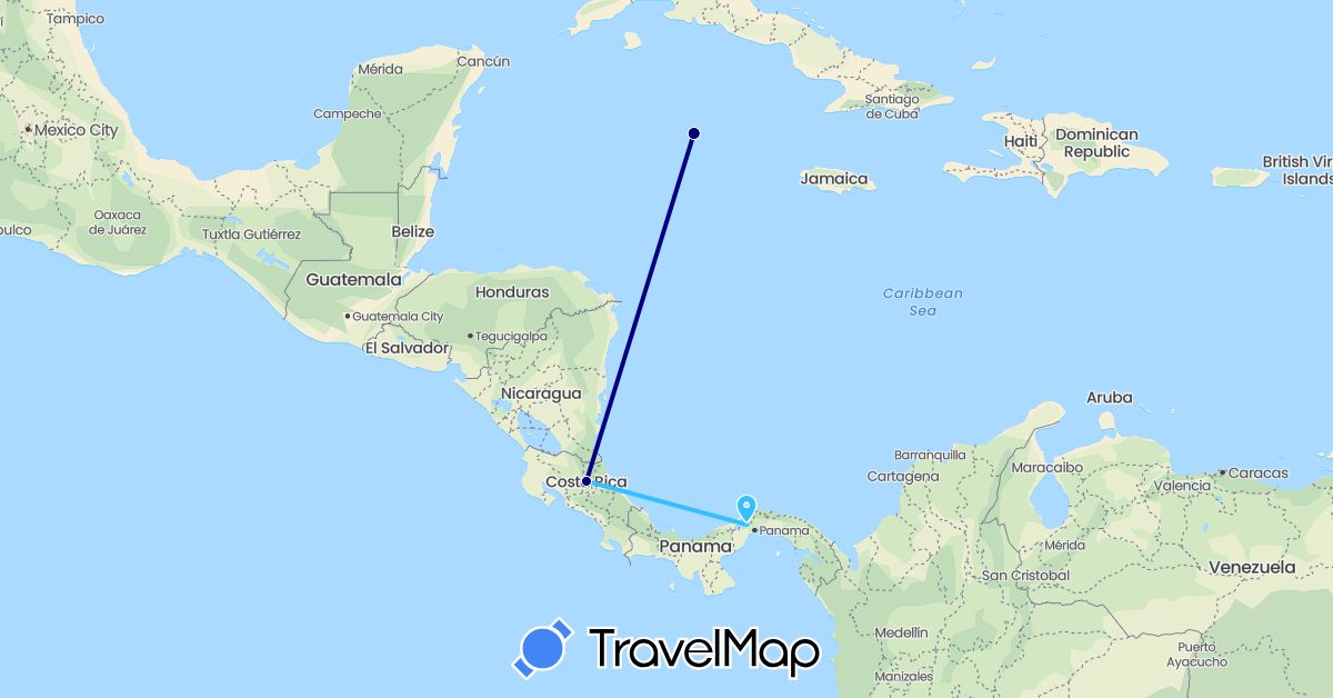 TravelMap itinerary: driving, boat in Costa Rica, Cayman Islands, Panama (North America)